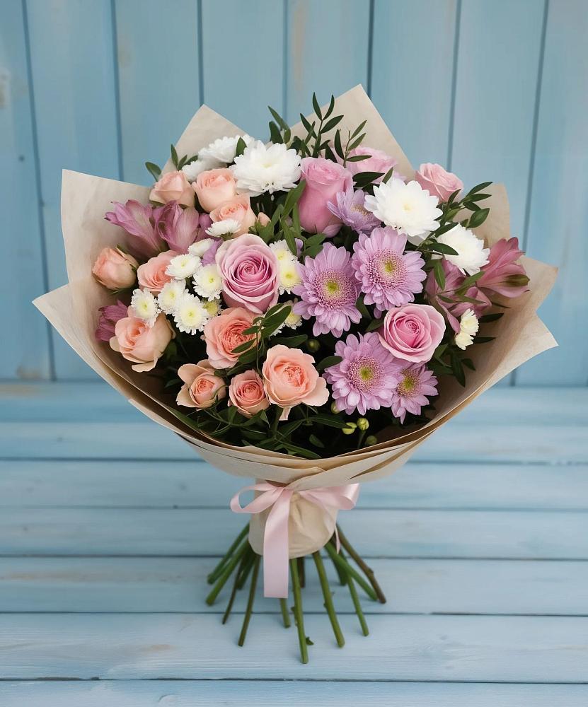 Букет цветов из: Хризантемы, Розы и Альстромерии в Ждановский