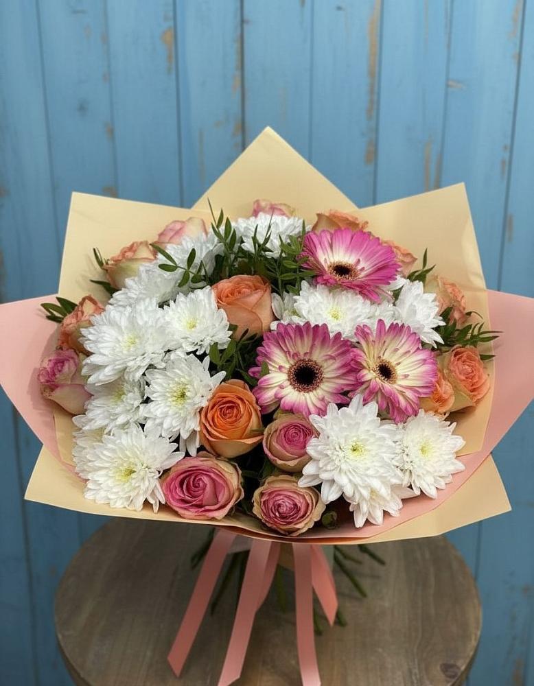 Букет цветов из: Розы, Герберы и Хризантемы в Ждановский
