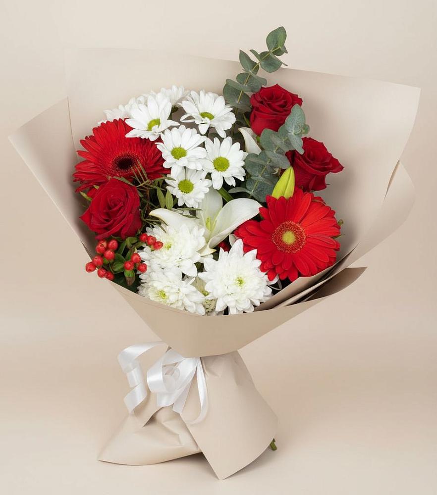 Букет цветов из: Розы, Хризантемы, Герберы и Лилии в Ждановский