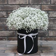 Цветочная композиция из Гипсофила в шляпной коробке в Ждановский
