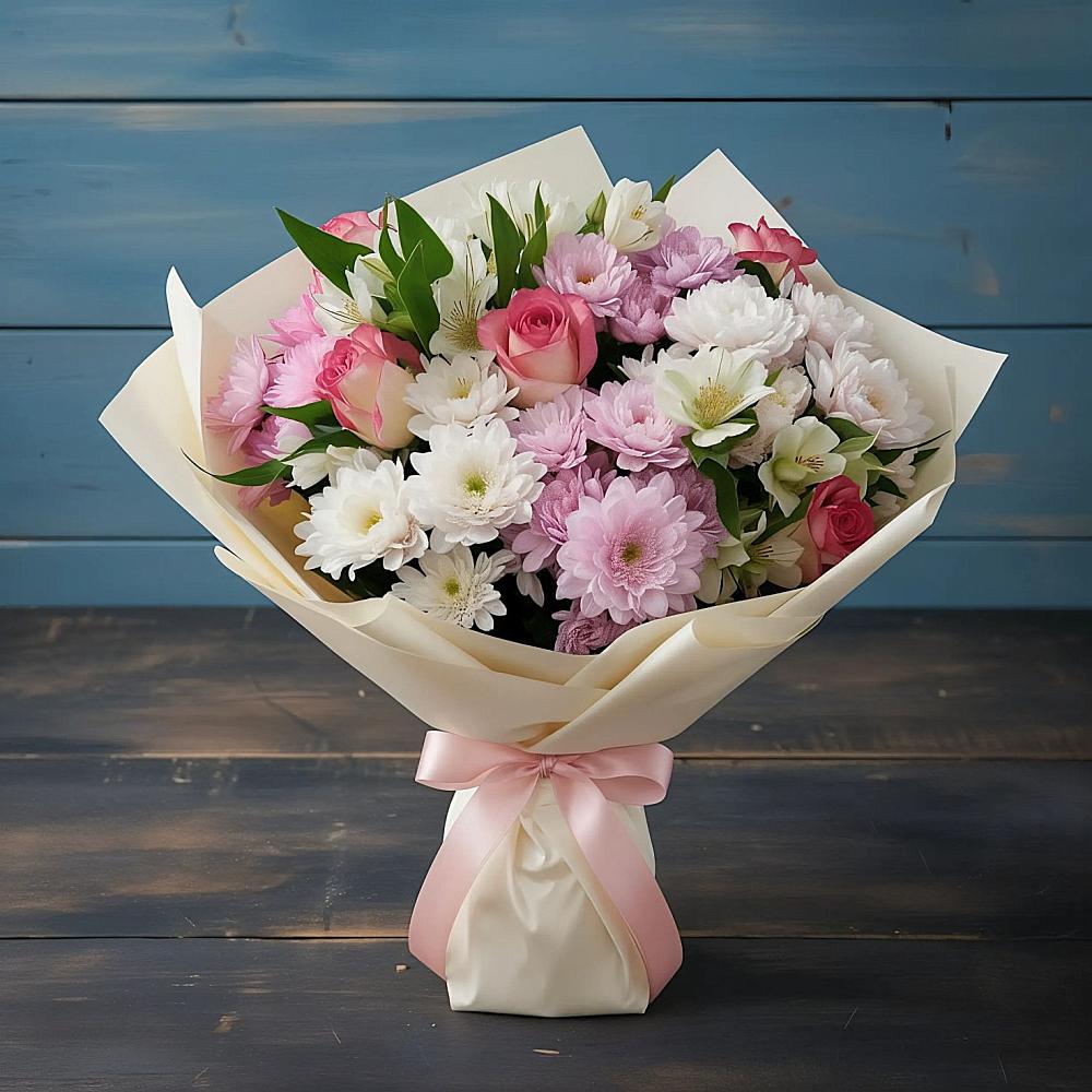 Букет цветов из: Хризантемы, Альстромерии и Розы в Ждановский